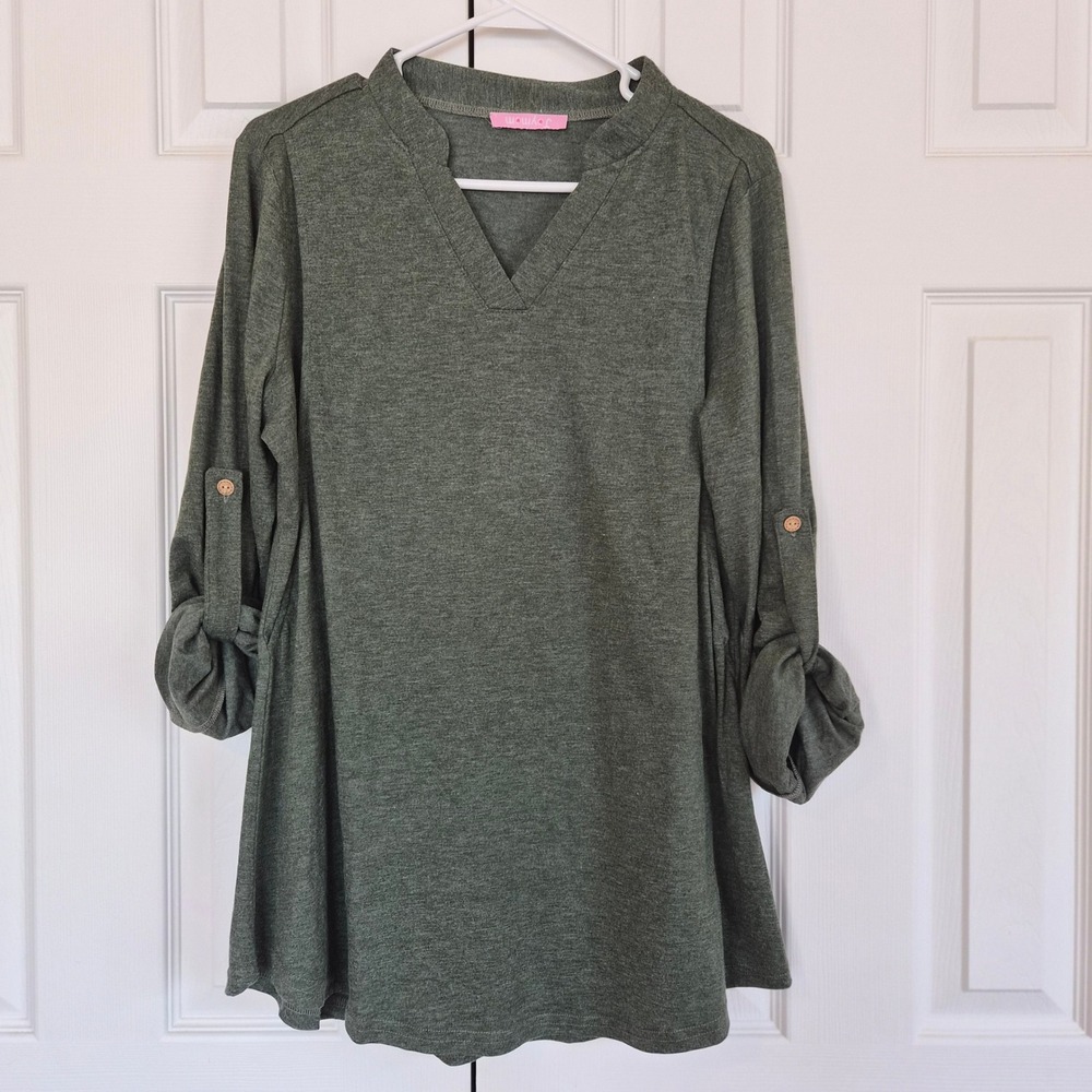 Joymom Nursing Tunic Top Heathered Olive Green Roll Tab Sleeve Maternity Large